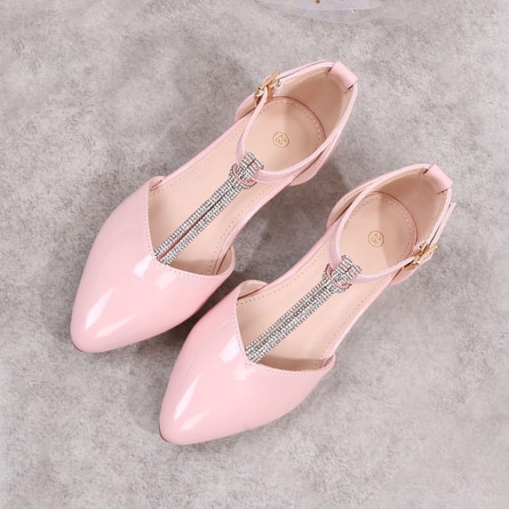 Girls Easter Shoes Spring T-Strap Flats Rhinestone Pointed Toe Pink Princess Party Dress Sandals Adjustable Buckle Faux Faux Leather,Size 29