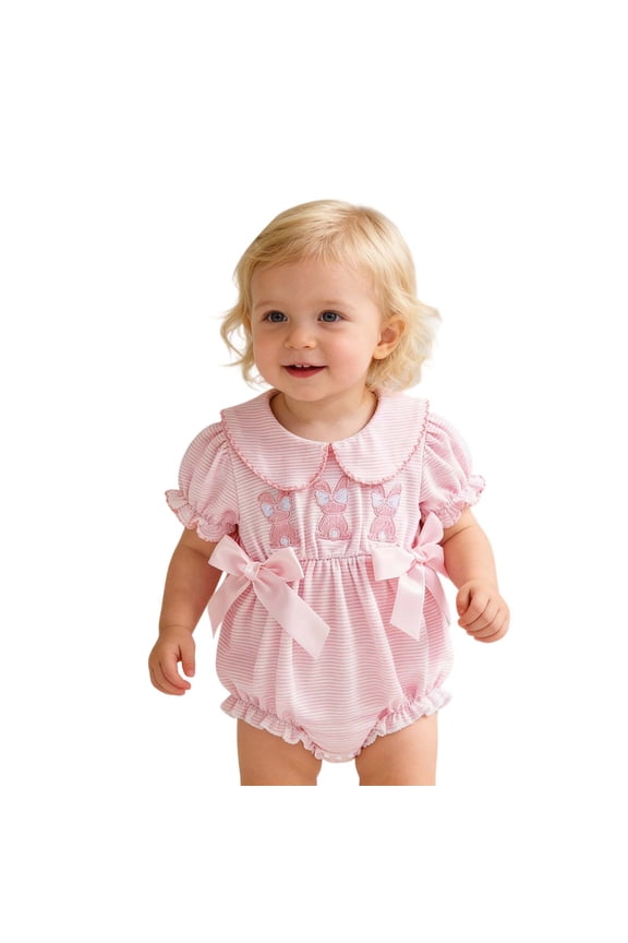 Girls' Easter Style Long Sleeve Bunny Pattern Harem Pants With Peter Pan Collar Pink 0M-3M