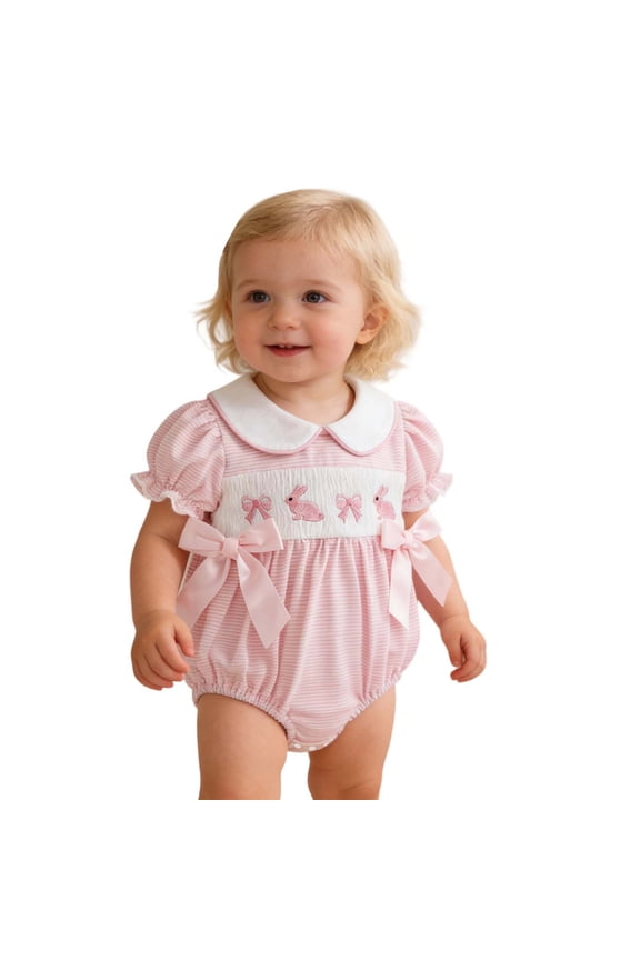 Girls' Easter Style Long Sleeve Bunny Pattern Romper With Peter Pan Collar And Striped Design Pink 6M-12M