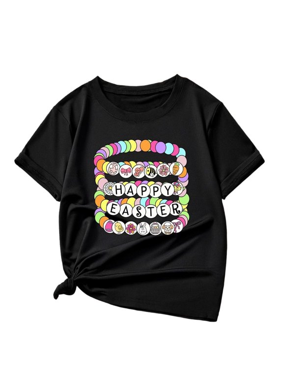 Girls Easter T-Shirt Happy Easter Bunny Eggs Graphic Tee Cotton Short Sleeve Top with Side Knot Black,Size 5-6 T