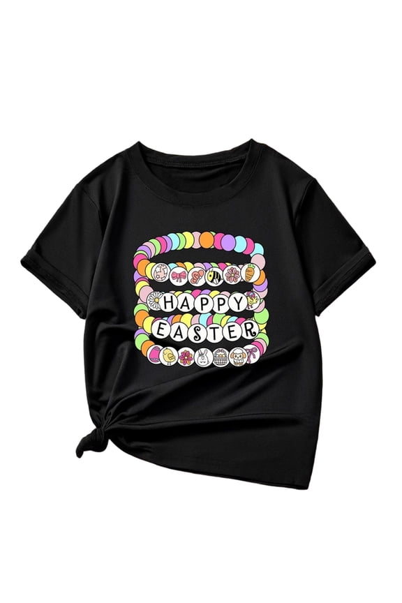 Girls Easter T-Shirt Happy Easter Bunny Eggs Graphic Tee Cotton Short Sleeve Top with Side Knot Black,Size 7-8 T
