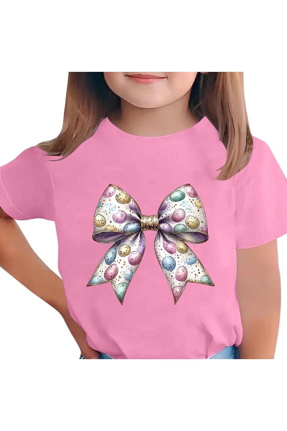 Girls Easter T-shirt Bow knot Printed Short Sleeve Round Neck Tops Cute Summer Tees Size 3-15 Years