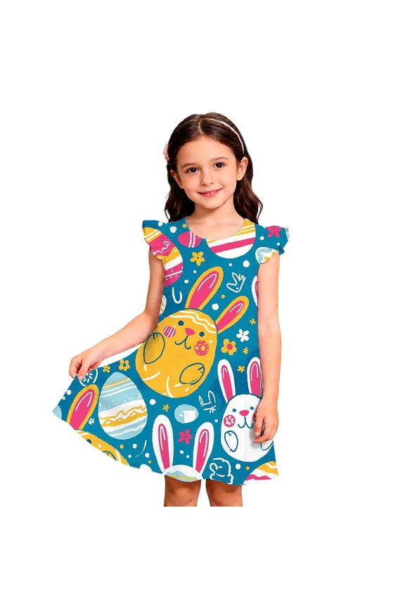 Girls Easter Themed Dress Floral Bunny Print Party Wear Holiday Outfit Toddler Little Kid Clothes