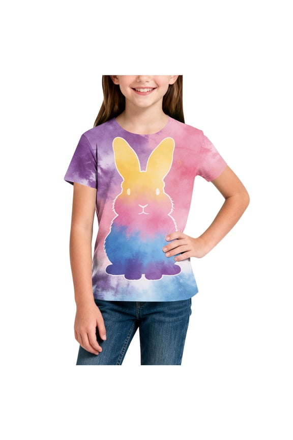 Girls Easter Tie Dye T-Shirt Bunny Rabbit Shirt Kids Spring Top Multicolor Short Sleeve,Size 11-12 T