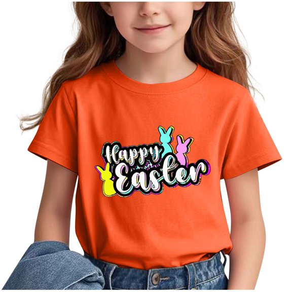 Girls Easter Tops Holiday Summer Casual Graphic Tees Short Sleeve T-Shirt Fashion Cute Loose Summer Clothes, Orange, 9 Years