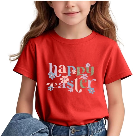 Girls Easter Tops Holiday Summer Casual Graphic Tees Short Sleeve T-Shirt Fashion Cute Loose Summer Clothes, Red, 2 Years