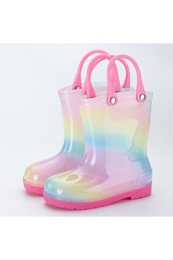Girls' Easy On Rain Boots Gradient Rainbow Mid Calf Boots School Outdoor Playing Handled Rain Boots