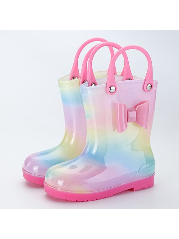 Girls' Easy On Rain Boots Gradient Rainbow Mid Calf Boots with Bow Decor Outdoor Playing Handled Rain Boots