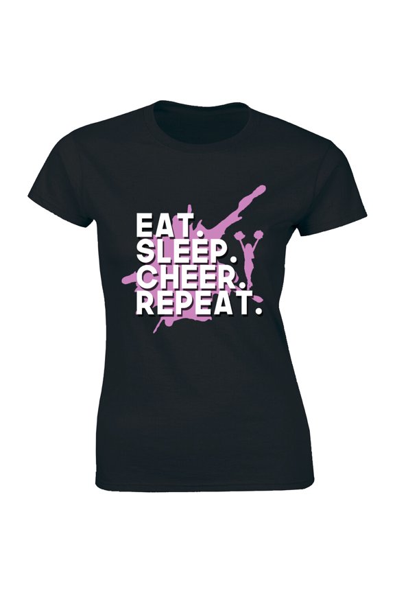 Girls Eat Sleep Cheer Repeat Fitted T-Shirt Cheerleader Slogan All Size S-5XL