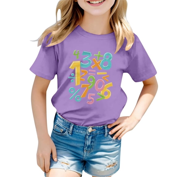 Girls Educational Math T-Shirt, Purple Number Print STEM Tee for Kids, Soft Polyester Spandex Short Sleeve Top, Back to School Shirt Ages 3-12,Size 3-4T