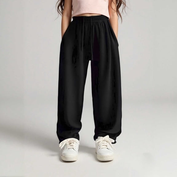 Girls Elastic Drawstring Jogger Pants High Waist Casual Athletic Wide Leg Sweatpants For Teen Youth Active Wear