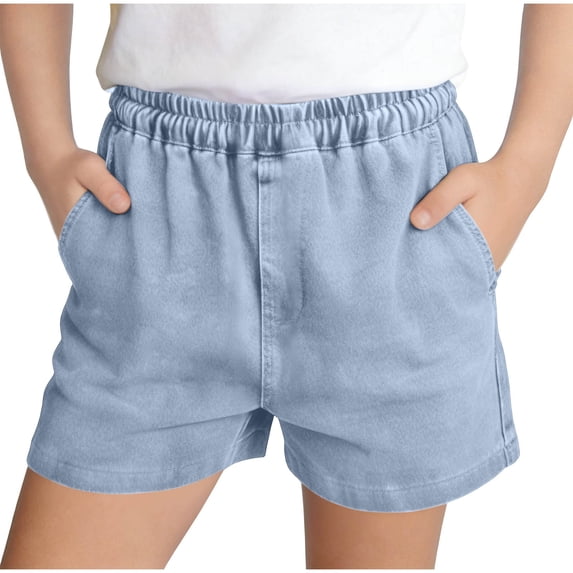Girls Elastic Waist Bermuda Jean Shorts Vintage Washed Loose Versatile Summer Denim Shorts for 5-15 Years