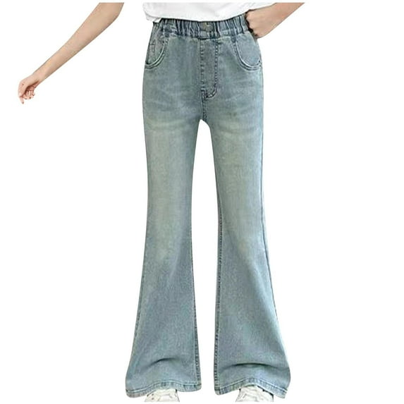 Girls Elastic Waist Jeans New Tall Girls Flared Jeans, Distressed Bell Bottom Denim Pants for Girls School Elastic High Waist Flare-Leg Pants