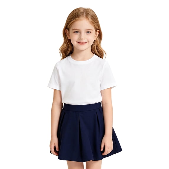Girls Elastic Waist Pleated A-Line Skort, Solid Navy Preppy School Uniform Skirt with Built-In Safety Shorts for Elementary Kids Back to School Daily Casual Wear(Navy,11-12 Years)