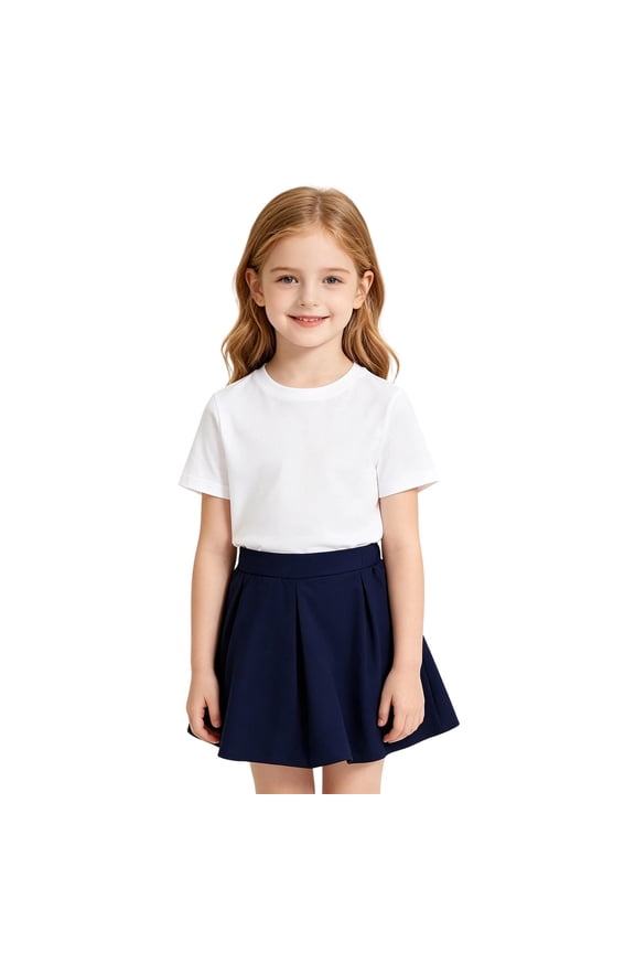 Girls Elastic Waist Pleated A-Line Skort, Solid Navy Preppy School Uniform Skirt with Built-In Safety Shorts for Elementary Kids Back to School Daily Casual Wear(Navy,3-4 Years)