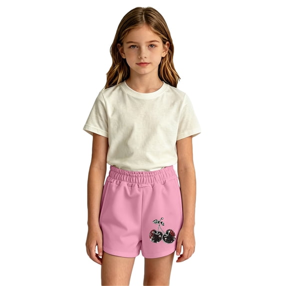 Girls Elastic Waist Rhinestone Cherry Graphic Shorts Curved Hem Soft Cotton Feel Loose Summer Casual Kids Sports Shorts(Pink6,12-24 Months)