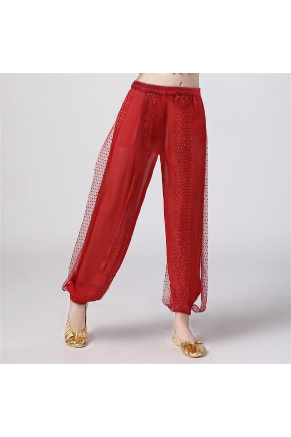 Girls' Elastic Waist Sequin Dance Pants with Ankle Ties, Solid Color Cotton Leggings for Kids