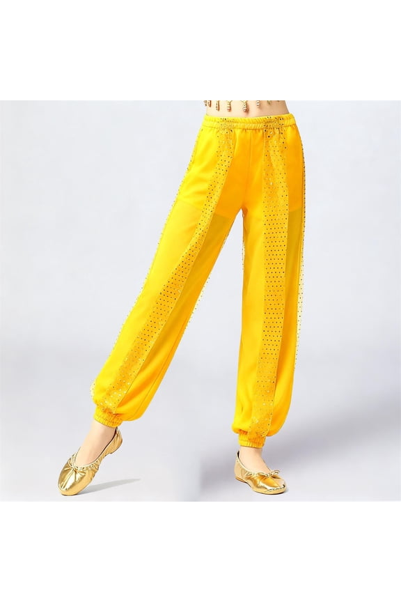 Girls' Elastic Waist Sequin Dance Pants with Ankle Ties, Solid Color Cotton Leggings for Kids