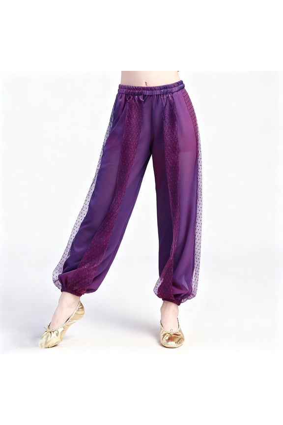 Girls' Elastic Waist Sequin Dance Pants with Ankle Ties, Solid Color Cotton Leggings for Kids