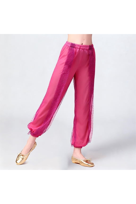 Girls' Elastic Waist Sequin Dance Pants with Ankle Ties, Solid Color Cotton Leggings for Kids