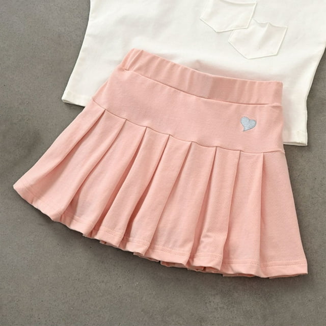 Girls' Elastic Waist Small Heart Embroidered Printed Pleated Girls' Summer Denim Skirt - Elastic Waist Printed Short Skirt with Lining, Ages 3-13