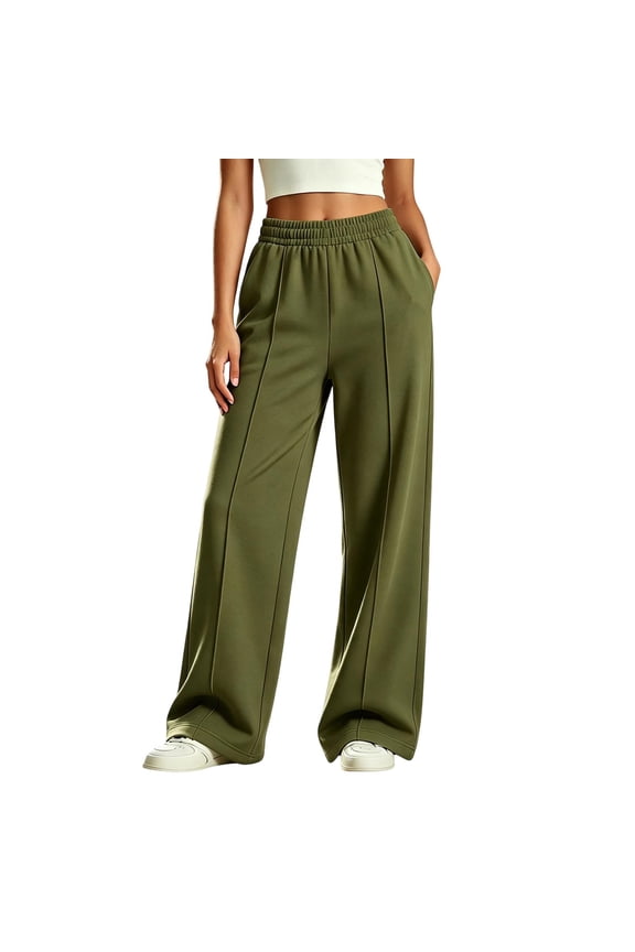 Girls Elastic Waist Wide Leg Sweat Pants, Solid Vertical Seam Baggy Loose Kids Casual Jogger Trousers for Back to School Autumn Winter Daily Campus Wear(Army Green,7-8 Years)
