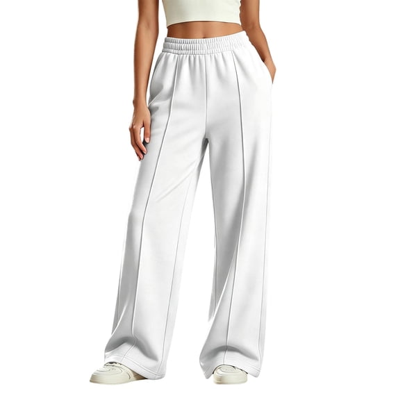 Girls Elastic Waist Wide Leg Sweat Pants, Solid Vertical Seam Baggy Loose Kids Casual Jogger Trousers for Back to School Autumn Winter Daily Campus Wear(White,13-14 Years)