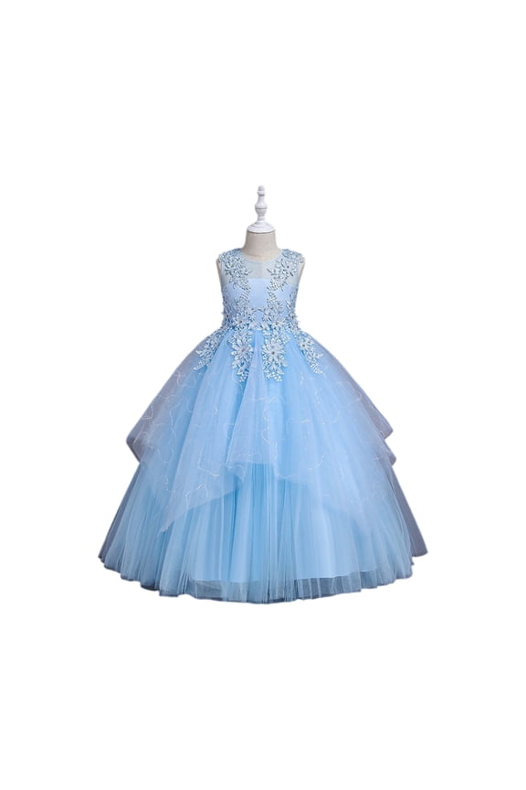 Flower Girl Dress Elegant Lace Applique Tulle Ball Gown Sleeveless Formal Princess Party Gown for Wedding Birthday Pageant Performance