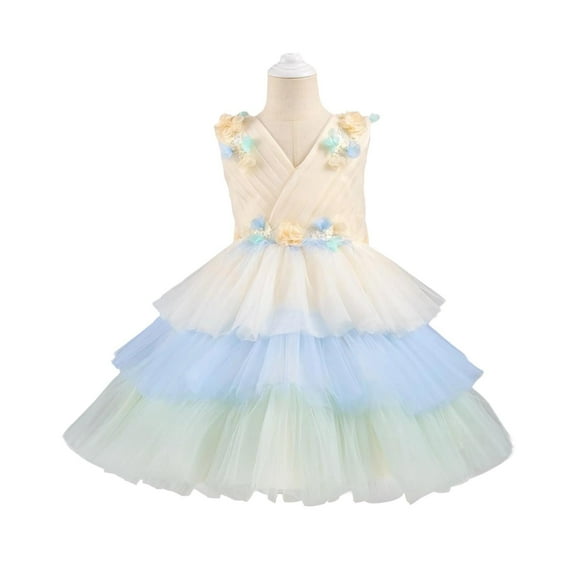Girls Elegant Dresses Unicorn Short Sleeve Princess Birthday Party Dress for Kids Beige 3-4 Years