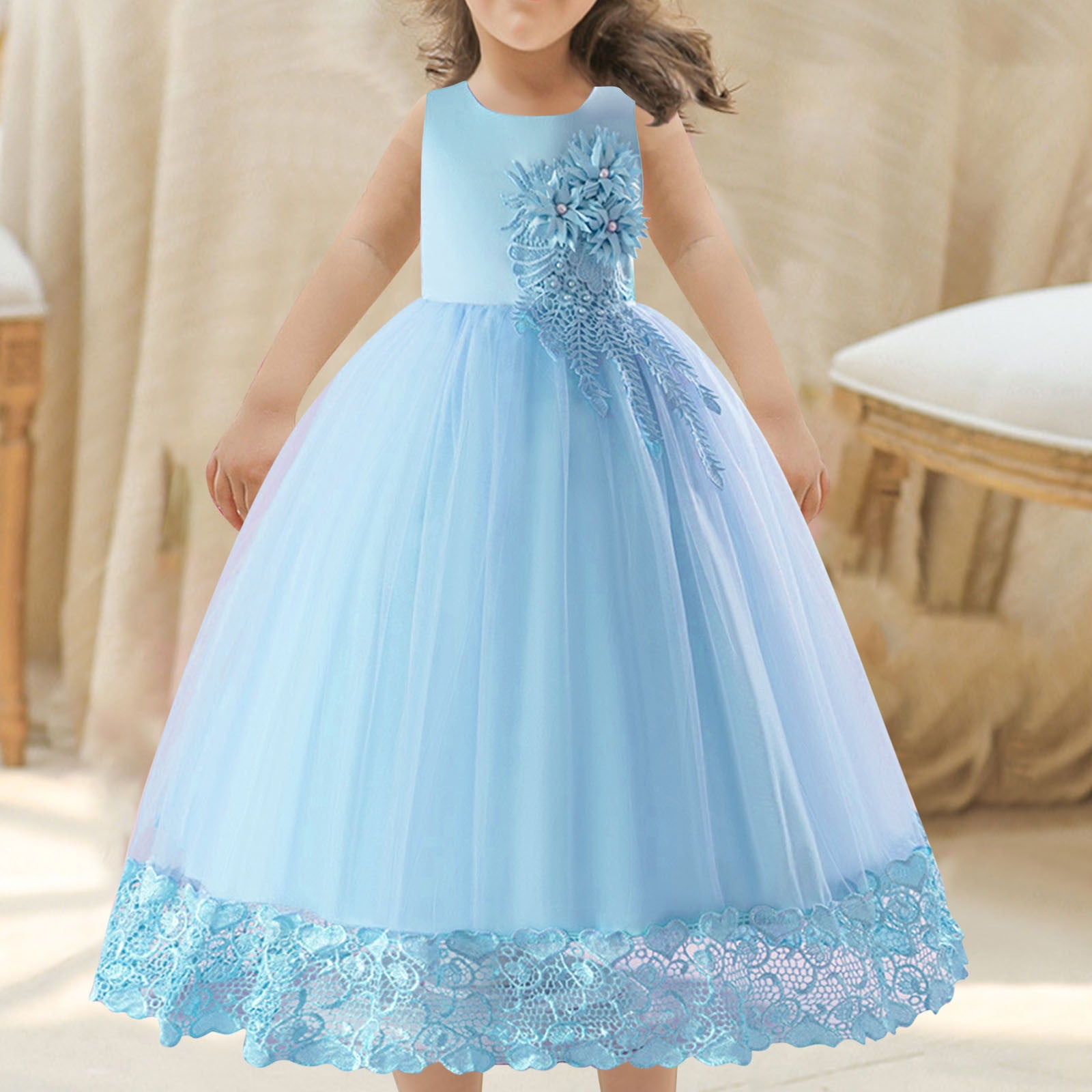 Girls Elegant Floral Lace A-line Dress Children's Formal Long Floral  Dresses Princess Flower Children Dresses Wedding Dresses Light Blue 9-10  Years