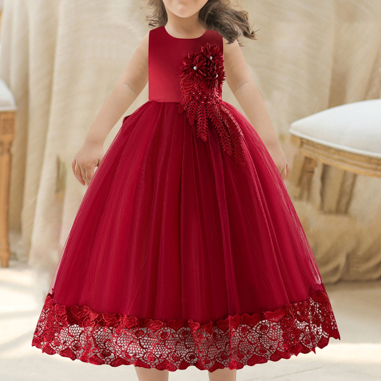 Girls Elegant Floral Lace A-line Dress Children's Formal Long Floral  Dresses Princess Flower Children Dresses Wedding Dresses Red 5-6 Years