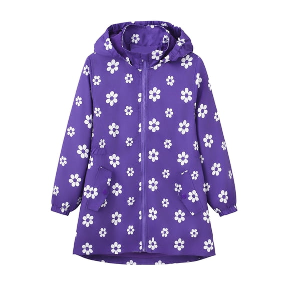 Girls Elegant Floral Print Long Hooded Windbreaker Jacket With Zip Up Front For School Casual Spring Outerwear Coat 5-6 Years