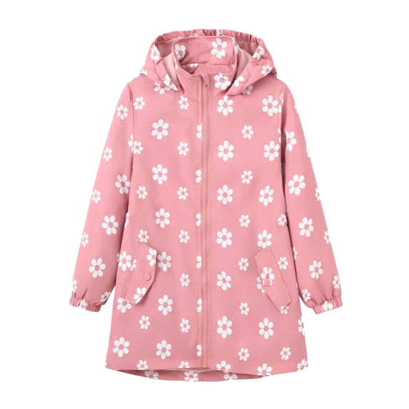Girls Elegant Floral Print Long Hooded Windbreaker Jacket With Zip Up Front For School Casual Spring Outerwear Coat 5-6 Years