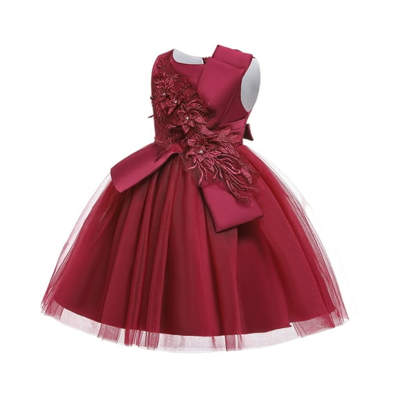 Girls Elegant Flower Embroidered Tulle Dress Sleeveless Princess Gown with Bow for Wedding Party Birthday