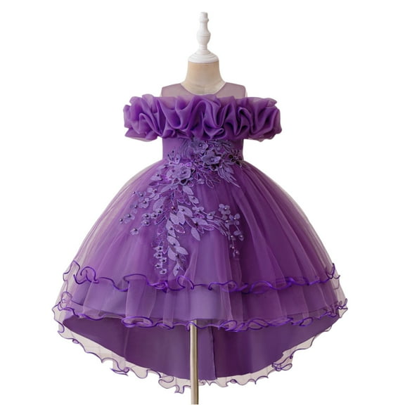 Girls Elegant Flower Girl Dress Puffy Tulle Princess Gown with 3D Floral Appliques Halloween Christmas Costumes