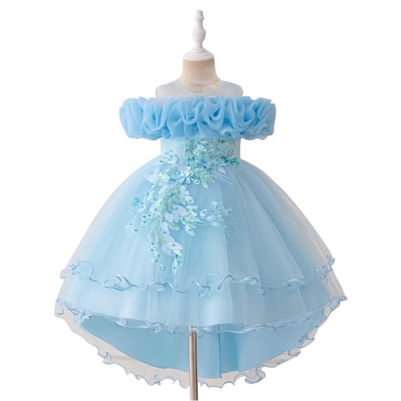 Girls Elegant Flower Girl Dress Puffy Tulle Princess Gown with 3D Floral Appliques Halloween Christmas Costumes