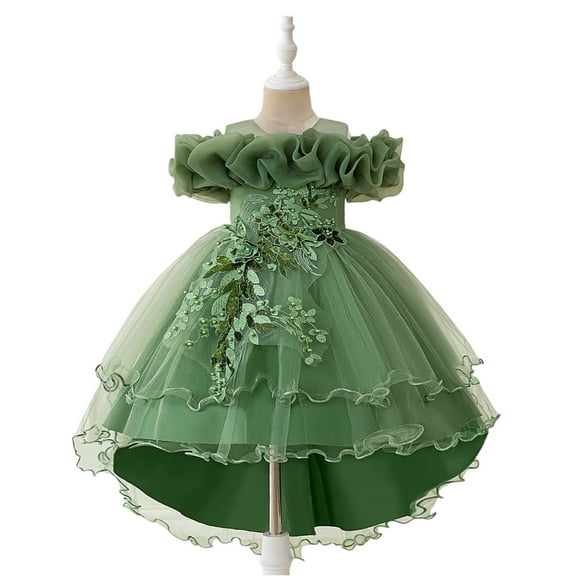 Girls Elegant Flower Girl Dress Puffy Tulle Princess Gown with 3D Floral Appliques Halloween Christmas Costumes