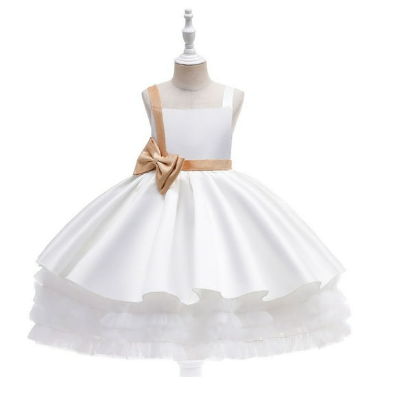 Girls Elegant Formal Dress Sleeveless Princess Party Gown with Bowknot Layered Tulle Ruffle Skirt for Special Occasions