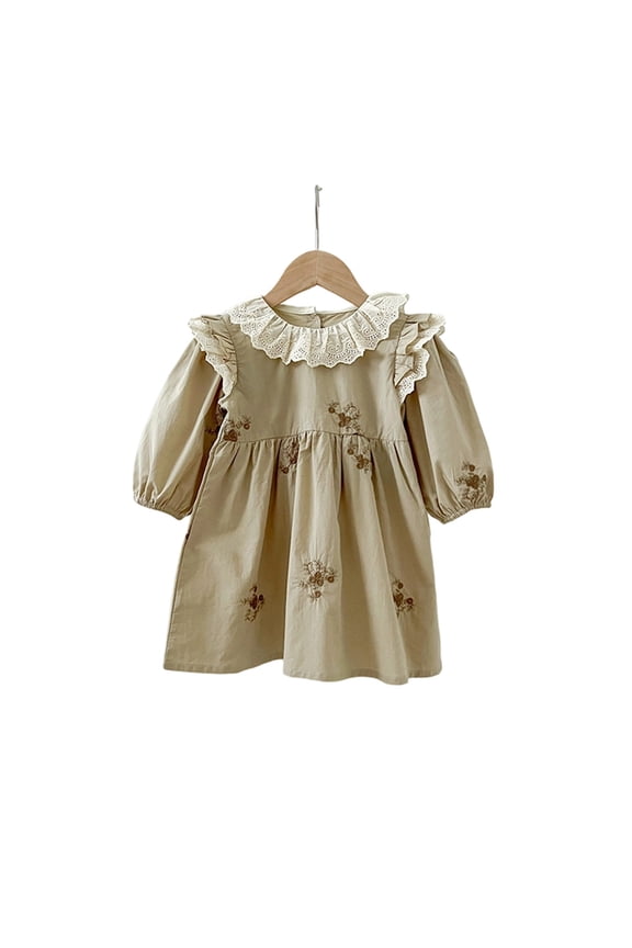 Girls Elegant French Collar Dress Long Sleeve Floral Embroidery Puff Sleeves Adjustable Bow Back Detail Knee Length Soft Fabric Comfortable Party Wear Grey 4 Years-5 Years