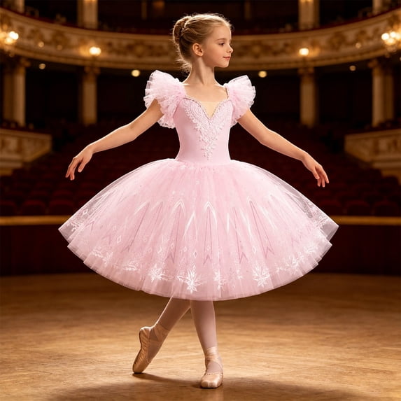 Girls Elegant Gradient Tulle Ballet Dress – Graceful Performance Party Gown for Kids Aged 3-15 Years, Sparkly Snowflake Pattern Stage Wear