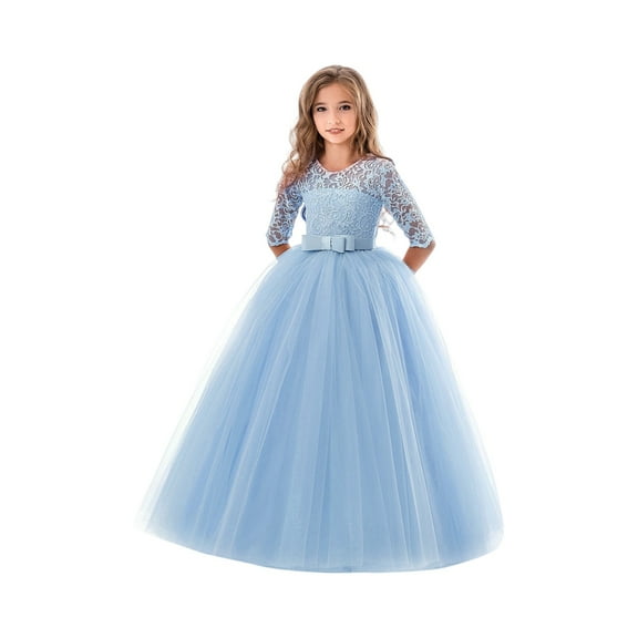 Girls Elegant Lace Long Sleeve Flower Girl Dress with Bow Tulle Skirt for Wedding Birthday Christmas Party Formal Occasion