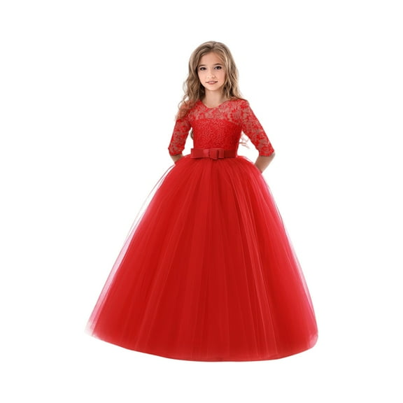 Girls Elegant Lace Long Sleeve Flower Girl Dress with Bow Tulle Skirt for Wedding Birthday Christmas Party Formal Occasion