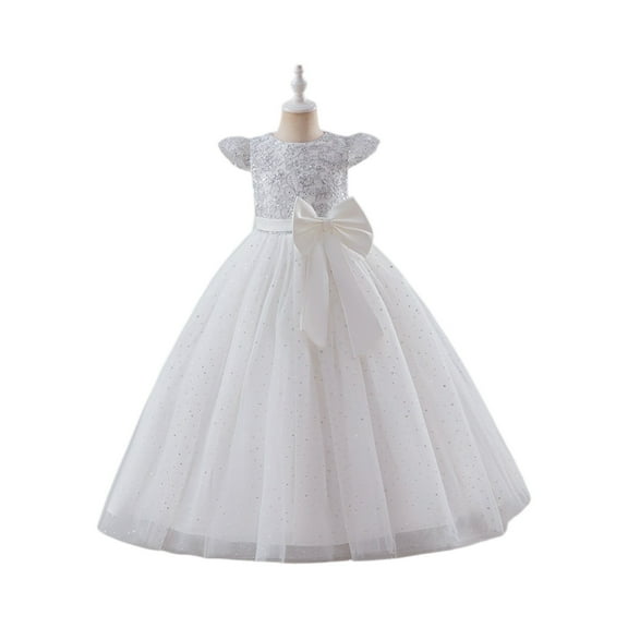 Girls Elegant Lace Tulle Flower Girl Dress Formal Gown with Bow for Wedding Party Birthday Special Occasion