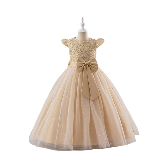 Girls Elegant Lace Tulle Flower Girl Dress Formal Gown with Bow for Wedding Party Birthday Special Occasion