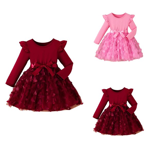 Girls Elegant Long Sleeve Dress, Layered Skirt, Flutter Sleeves, Bow Belt Party Gown