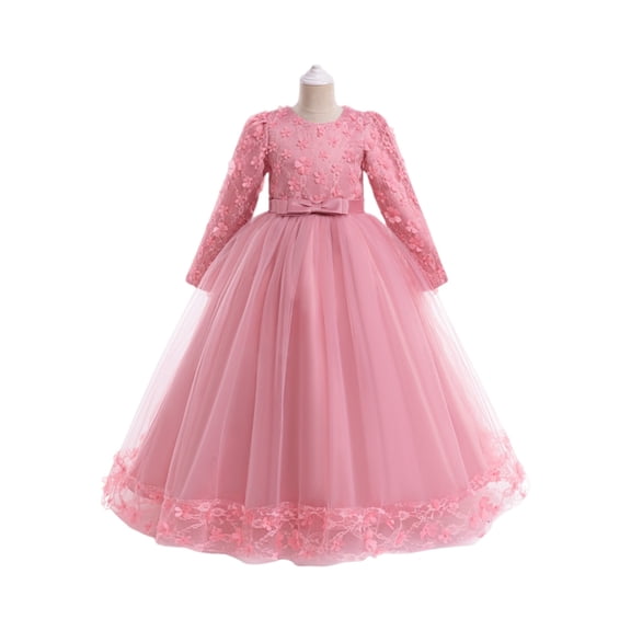 Girls Elegant Long Sleeve Lace Flower Dress for Special Occasions Wedding Party Floor Length Gown with Bow and Embroidered Details