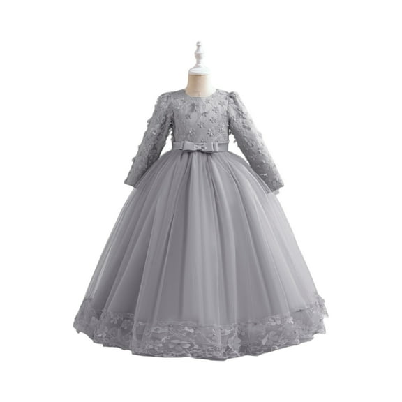 Girls Elegant Long Sleeve Lace Flower Dress for Special Occasions Wedding Party Floor Length Gown with Bow and Embroidered Details