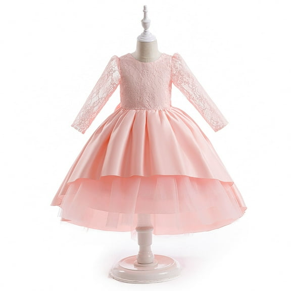 Girls Elegant Long Sleeve Lace Tulle Dress with Layered Skirt for Special Occasions Flower Girl Party Gown for Children