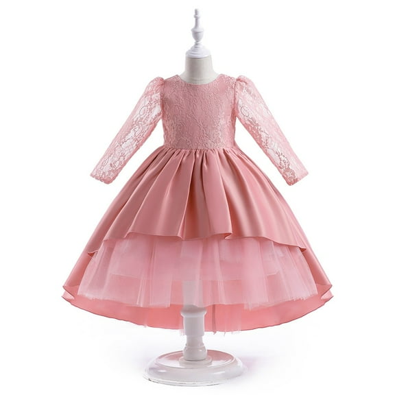 Girls Elegant Long Sleeve Lace Tulle Dress with Layered Skirt for Special Occasions Flower Girl Party Gown for Children