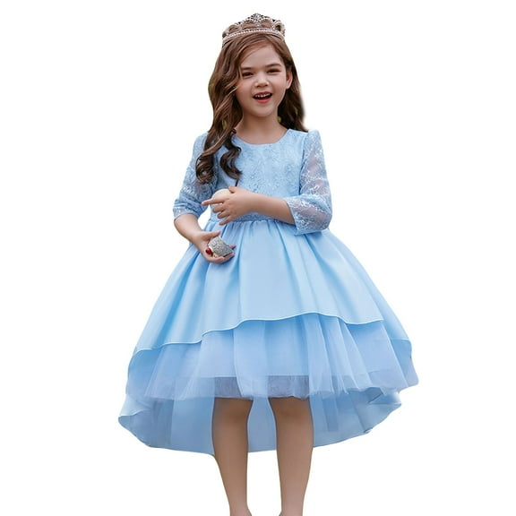 Girls Elegant Long Sleeve Lace Tulle Dress with Layered Skirt for Special Occasions Flower Girl Party Gown for Children